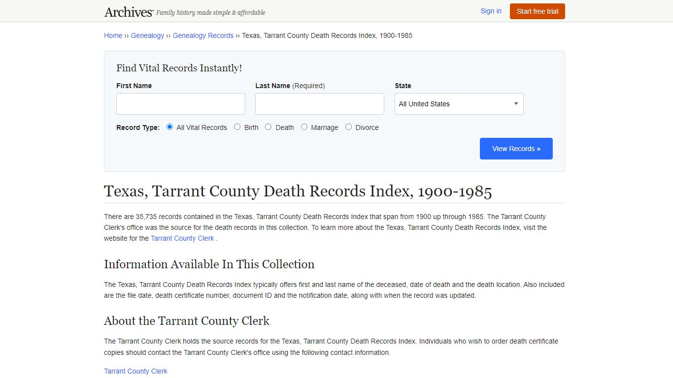 Texas, Tarrant County Death Records Index, 1900-1985 - Archives.com